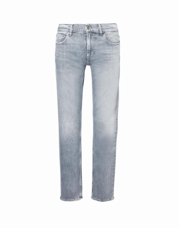 CHA00036 Slimmy Luxe Marke Patch Jeans mat Engem richtege Been a schmuele Fit Aus Stretch Denim