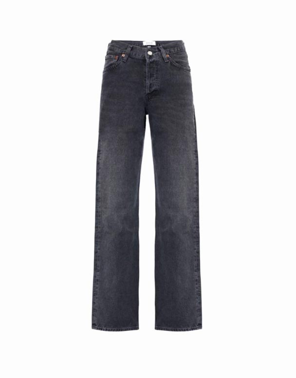 CHV00705 beldə V boyunlu və beş cibli Kelly Jeans, orta uyğun düz jeans