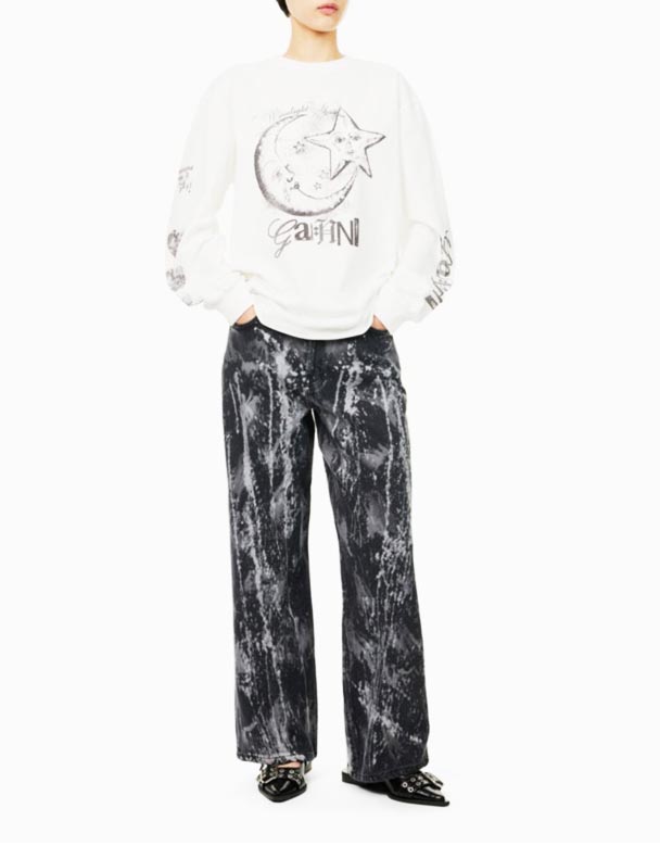 00965 Isey grafísk-prenta breiður-fótur meðal-rísa denim gallabuxur