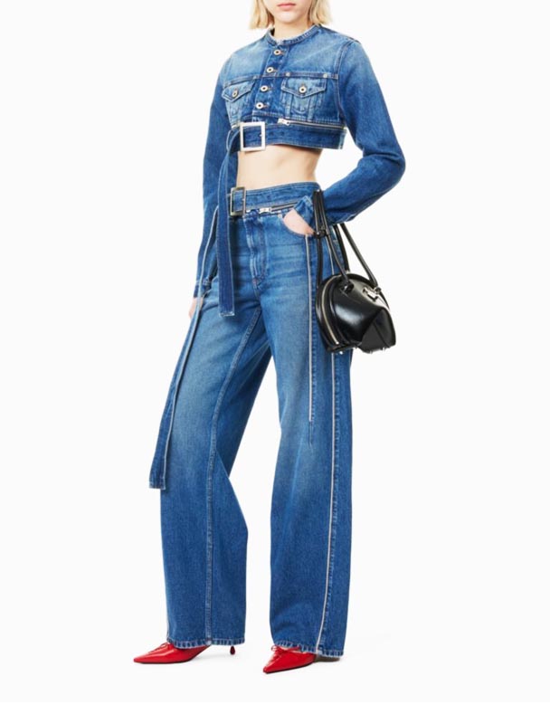 CHW01090 Zipped-Ibhande Brand-Patch Ububanzi-Umlenze High-Rise Denim Jeans