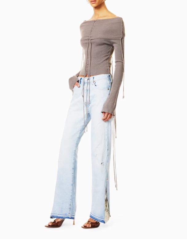 CHW01094 Le Flare inyoka-ukuphrinta-amaphaneli aqondile umlenze ophakathi nendawo amajean e-denim avuselelwe