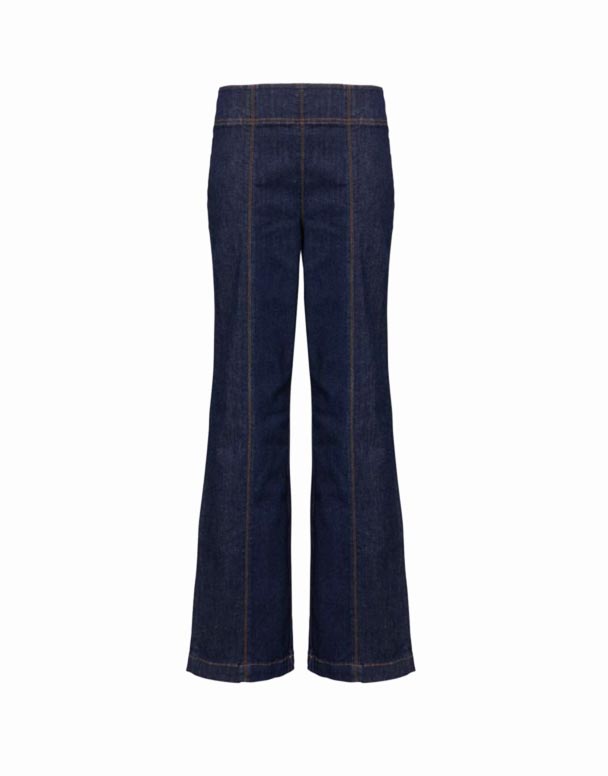 CHV01175 düz, hündür, uzanan pambıq və təkrar emal edilmiş polyesterdən hazırlanmış iki yamaq cibli səyahət alovlu jeans