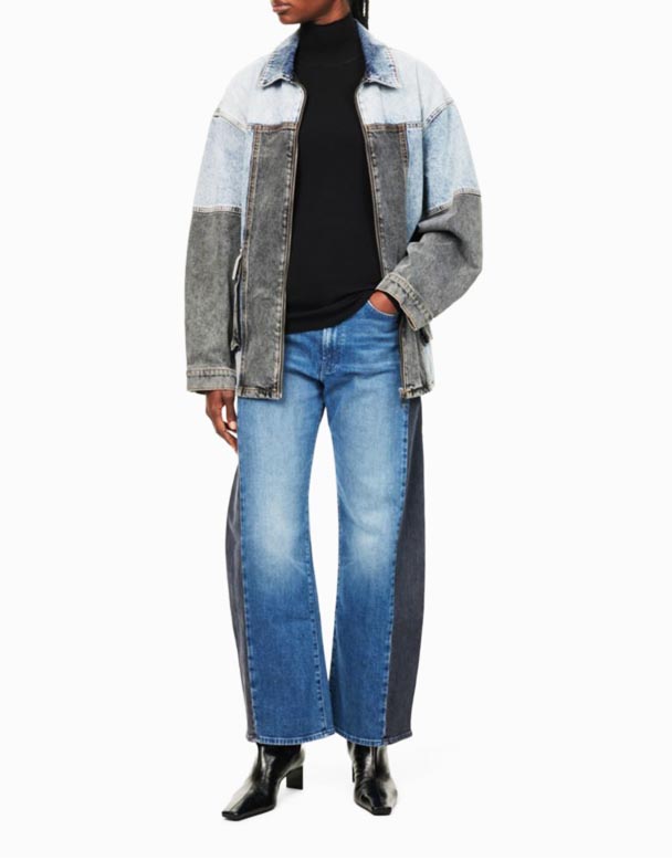 CHV01190 barrel formalı ayaq və yarımdairəvi boyun xətti ilə hündür ayaqlı uzanan Jeans
