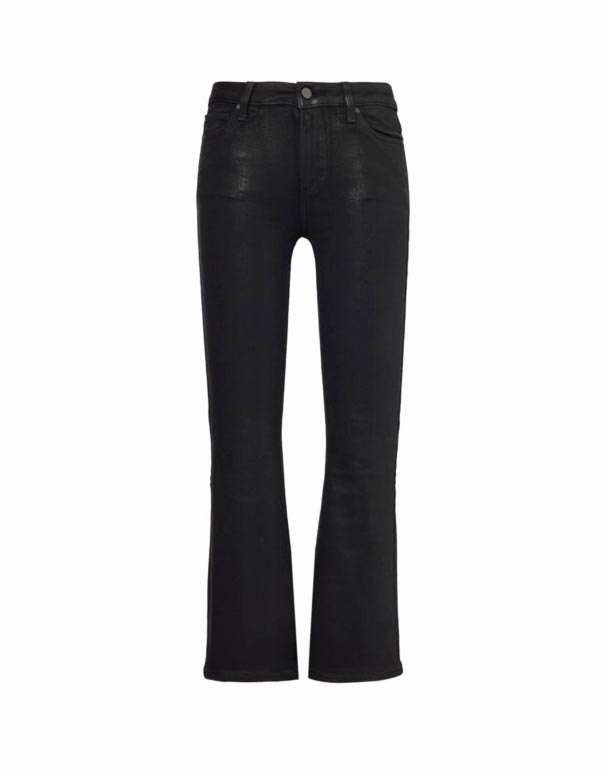 Hár-rísa flared húðaður teygja-denim gallabuxur