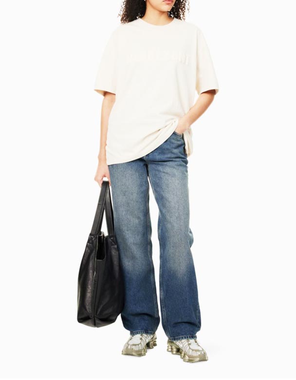 01391 Vörumerki-Plástur Fimm Vasar Bein-Fótur Hár-Rísa Denim-Blanda Gallabuxur