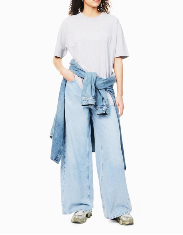 01394 Vörumerki-Plástur Fimm Vasa Breiður Fótur Meðal-Rísa Denim Gallabuxur