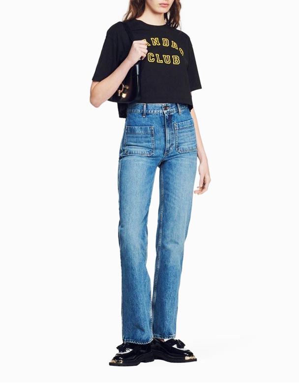 CHV01406 yüksək mərtəbəli və yamaq cibləri olan alovlu Jeans