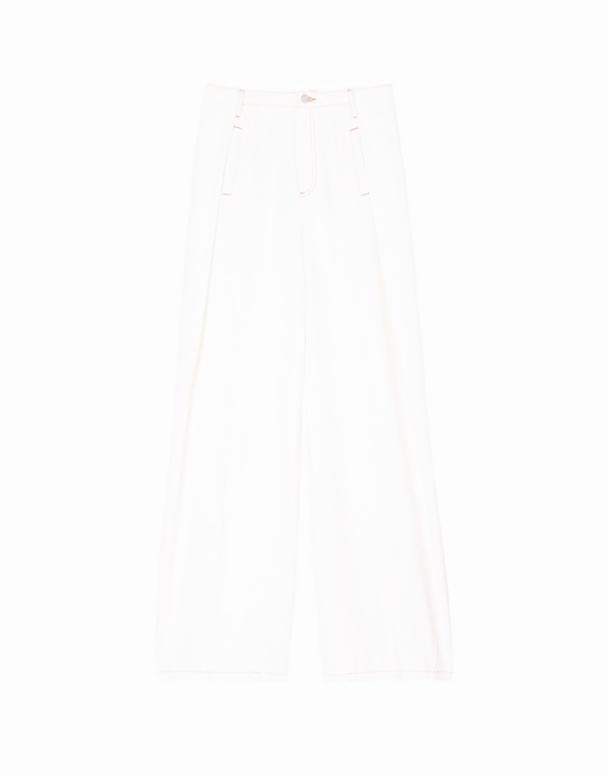 CHW01415 Topstitched وسیع ٹانگ ڈینم جینس