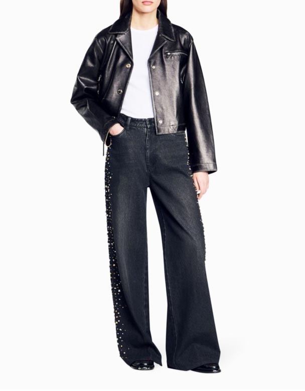 01416 Rhinestone-skreytingar breiður-fótur meðal-rísa denim gallabuxur