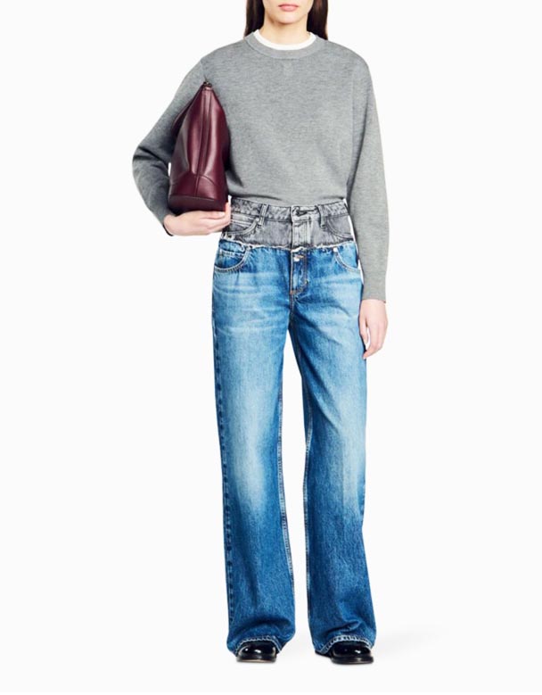 G01419 Tvöfaldur mitti breiður fótur hár-rísa denim gallabuxur