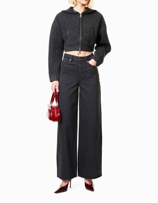 G01424 Upphleypt boga breiður-fótur denim gallabuxur