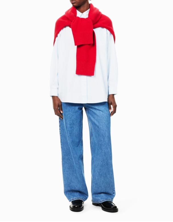 X01428 Víðir breiður-fótur meðal-rísa denim gallabuxur