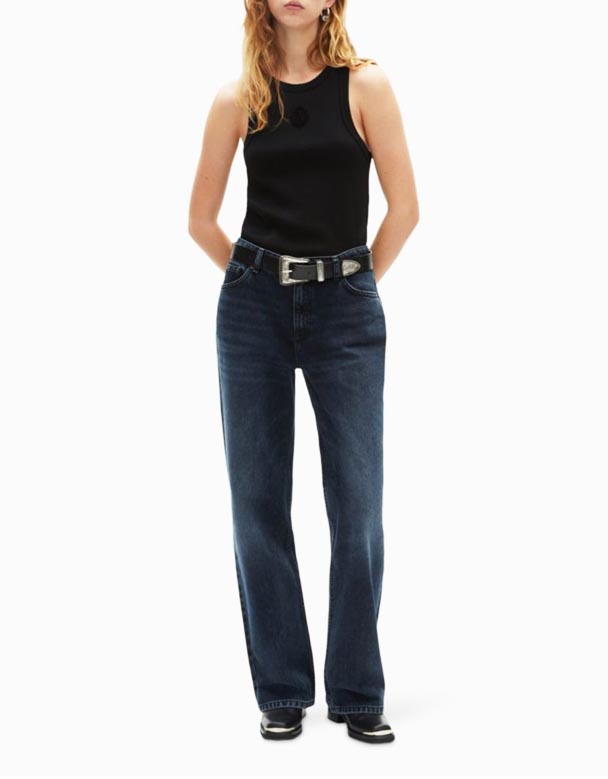 G01461 Dofna-Þvo Breiður-Fótur Meðal-Rísa Denim Gallabuxur