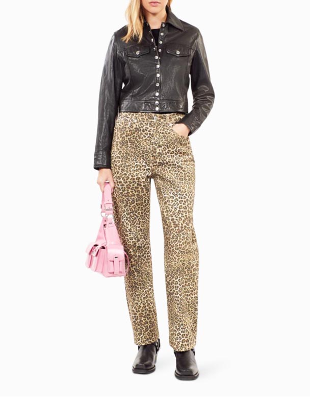 01463 Leopardo-mynstur mid-rise teygja-denim boyfriend gallabuxur