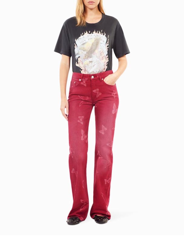 B01475 Butterfly-prenta flared-fótur teygja-denim gallabuxur