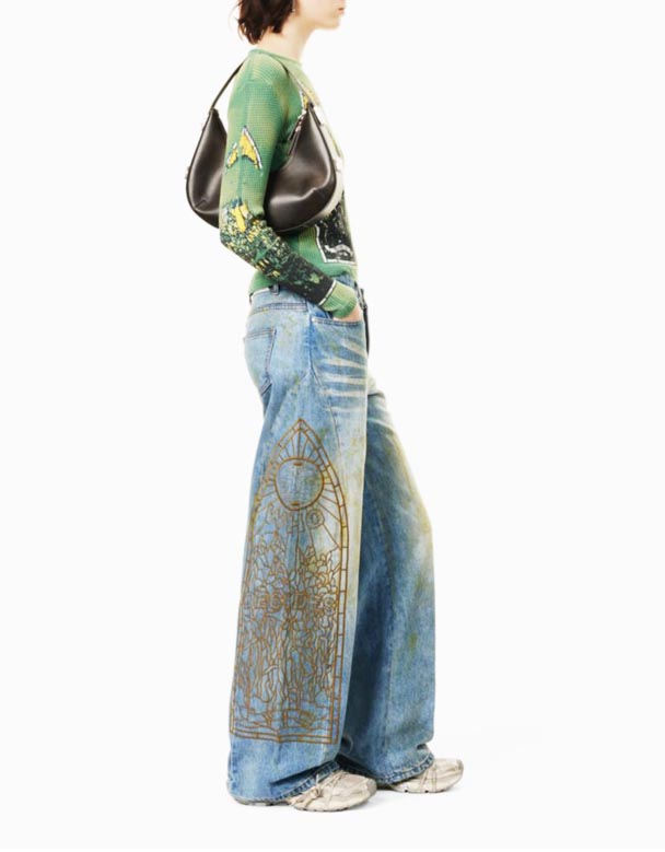 Chw01523 blugi din Denim cu picioare largi brodate cu ulei